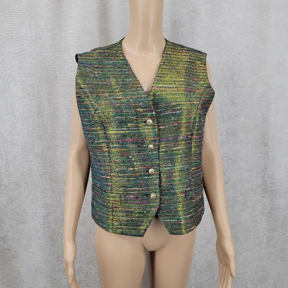 Vinci Vintage Silk Tweed Vest Waistcoat Green Metallic Gold Festive